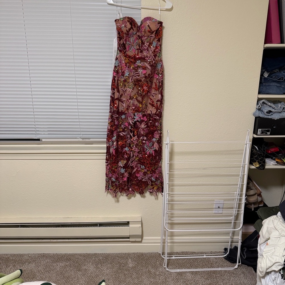 Burgundy Strapless Floral Embroidered Midi Dress